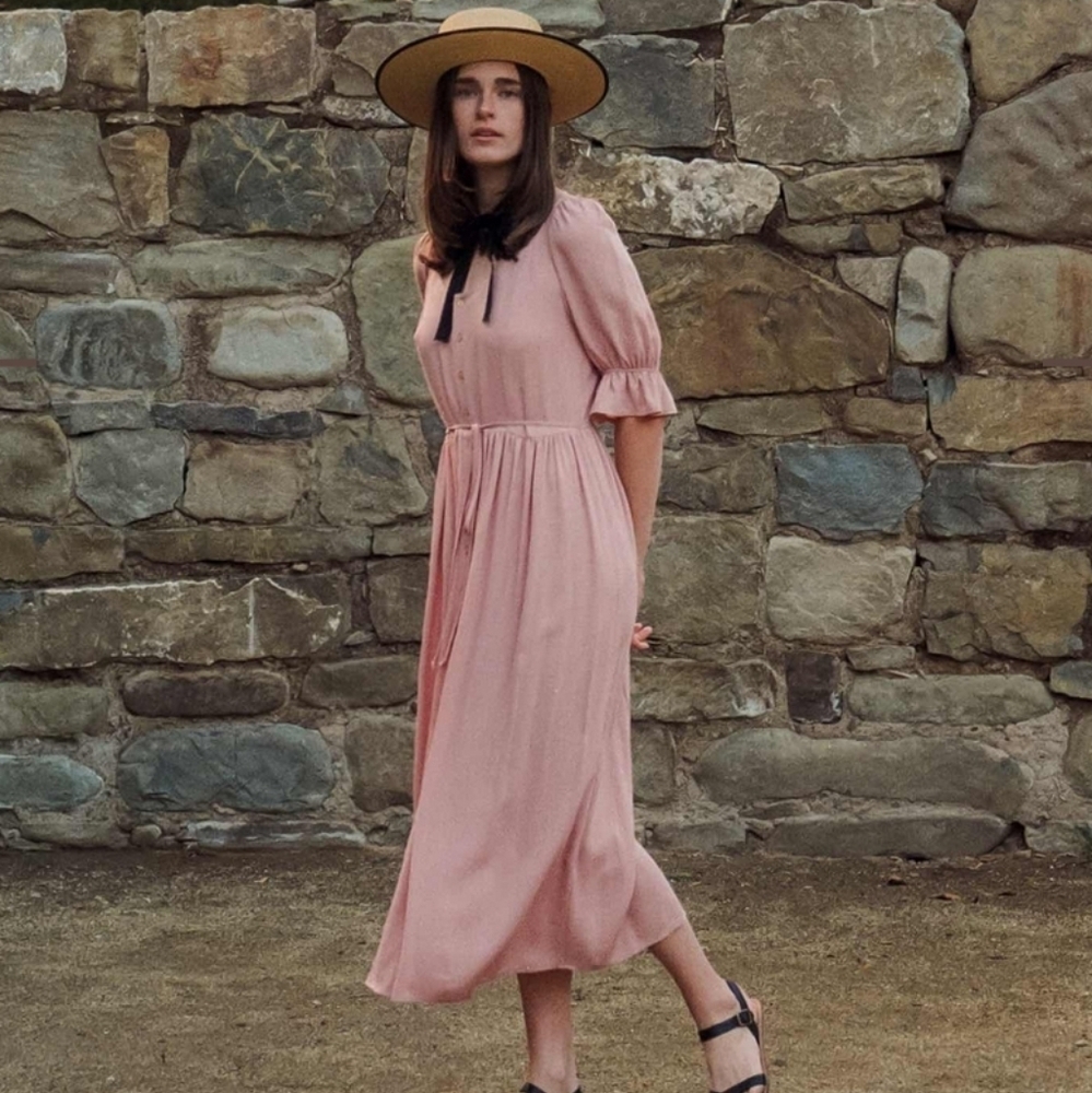 Christy Dawn NWT Astrid Midi Dress Blush Short Sleeve Scoop Neck Button Up